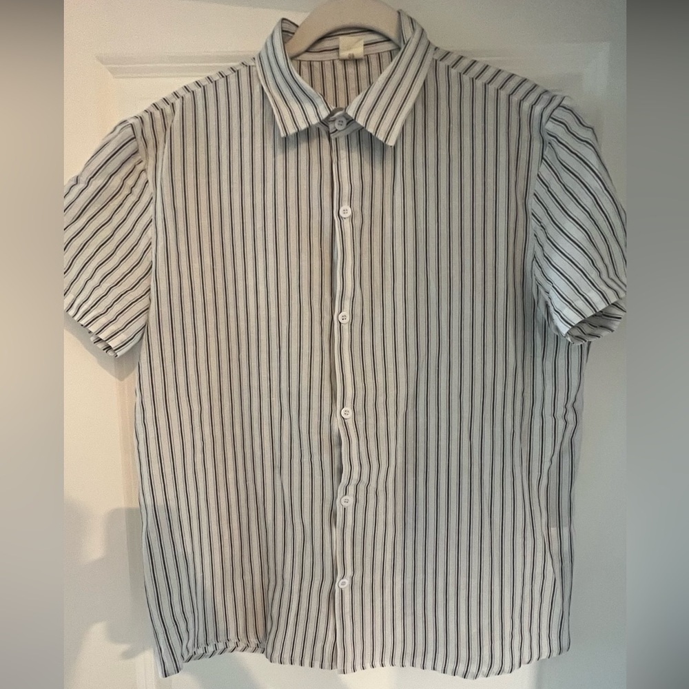 White and grey striped short sleeve button down
